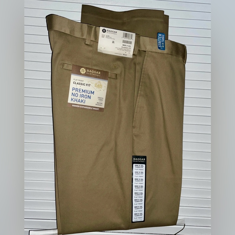 Haggar Men 36 x 32 Premium No Iron Flat Front Classic Fit Khaki Stretch Pant NEW - Picture 3 of 8